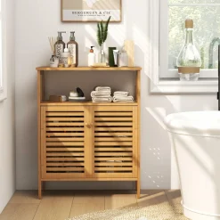 Tangkula Bamboo Floor Cabinet, Freestanding Bathroom Storage Cabinet with Double Slatted Doors