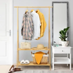 Tangkula Bamboo Garment Rack, Freestanding Clothes Rack with 2-Tier Storage Shelves