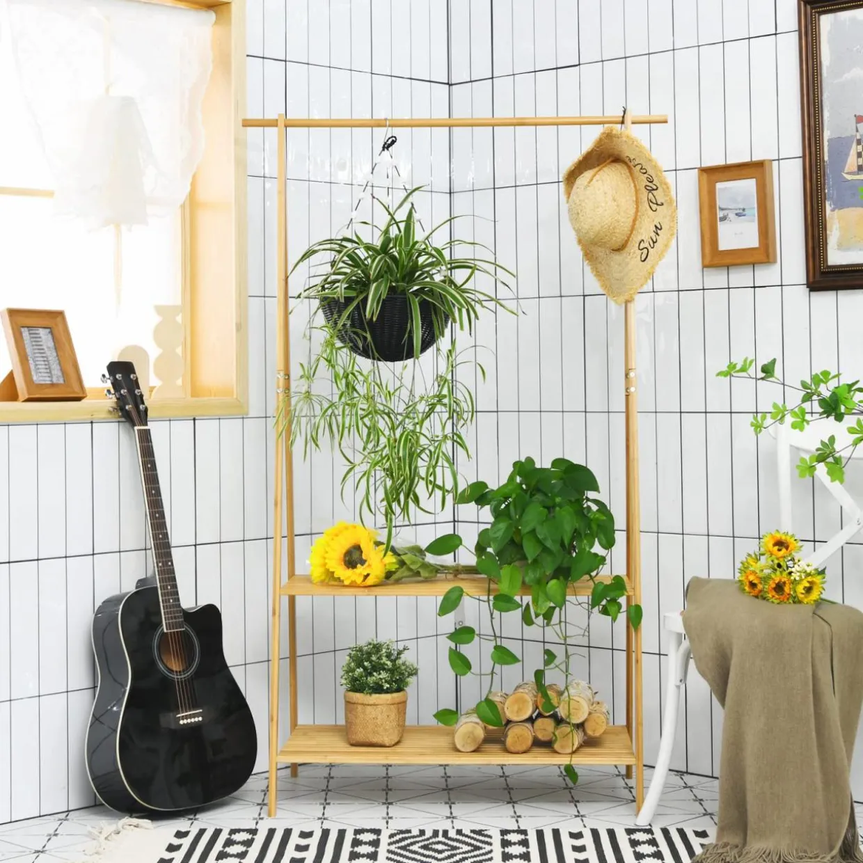 Tangkula Bamboo Garment Rack, Freestanding Clothes Rack with 2-Tier Storage Shelves