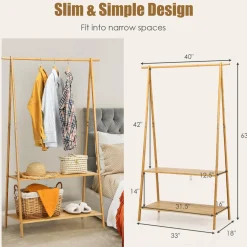 Tangkula Bamboo Garment Rack, Freestanding Clothes Rack with 2-Tier Storage Shelves