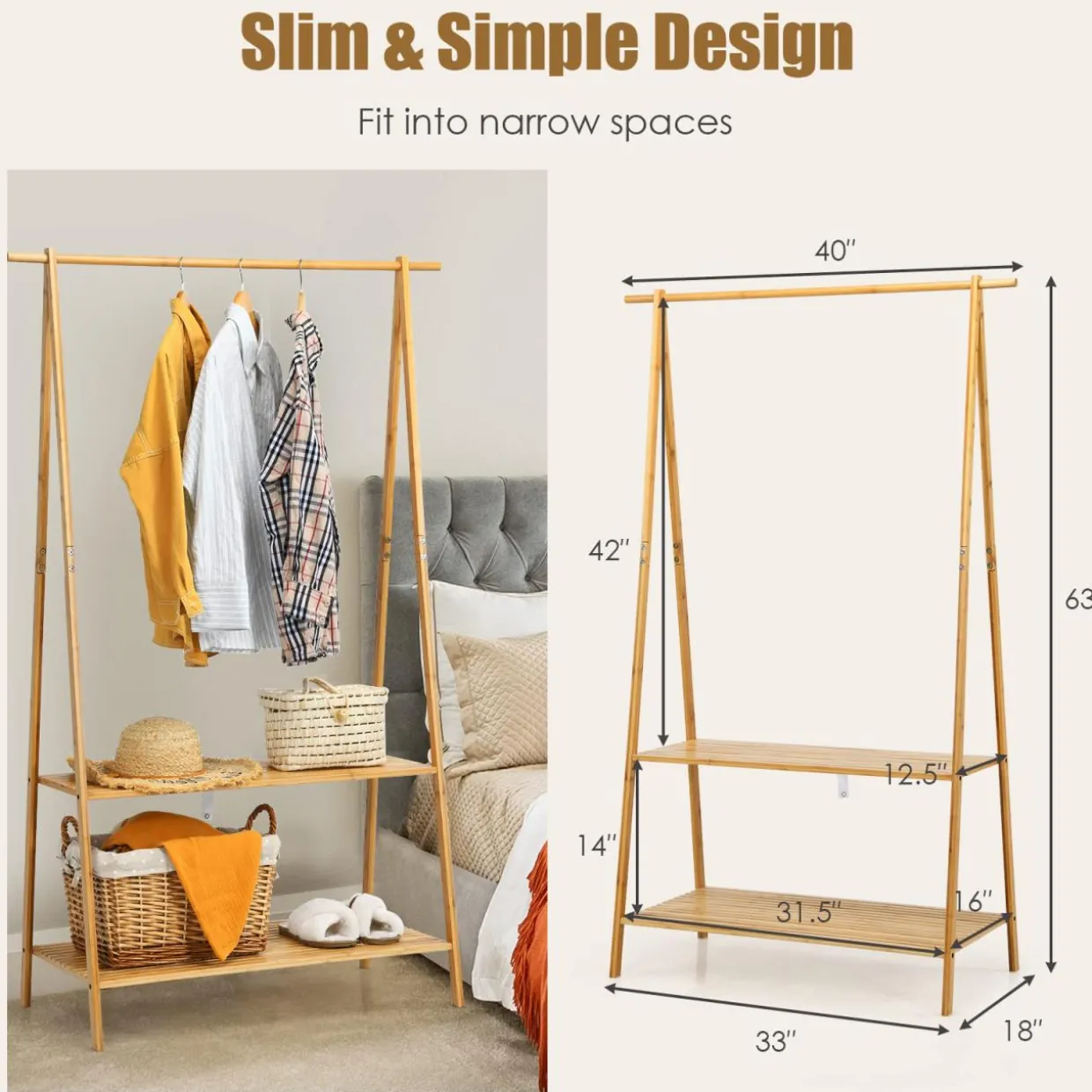 Tangkula Bamboo Garment Rack, Freestanding Clothes Rack with 2-Tier Storage Shelves