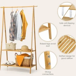 Tangkula Bamboo Garment Rack, Freestanding Clothes Rack with 2-Tier Storage Shelves