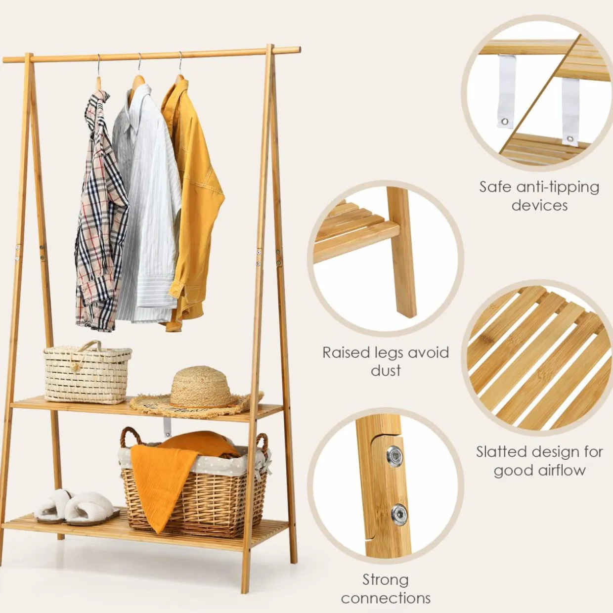 Tangkula Bamboo Garment Rack, Freestanding Clothes Rack with 2-Tier Storage Shelves