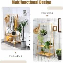 Tangkula Bamboo Garment Rack, Freestanding Clothes Rack with 2-Tier Storage Shelves
