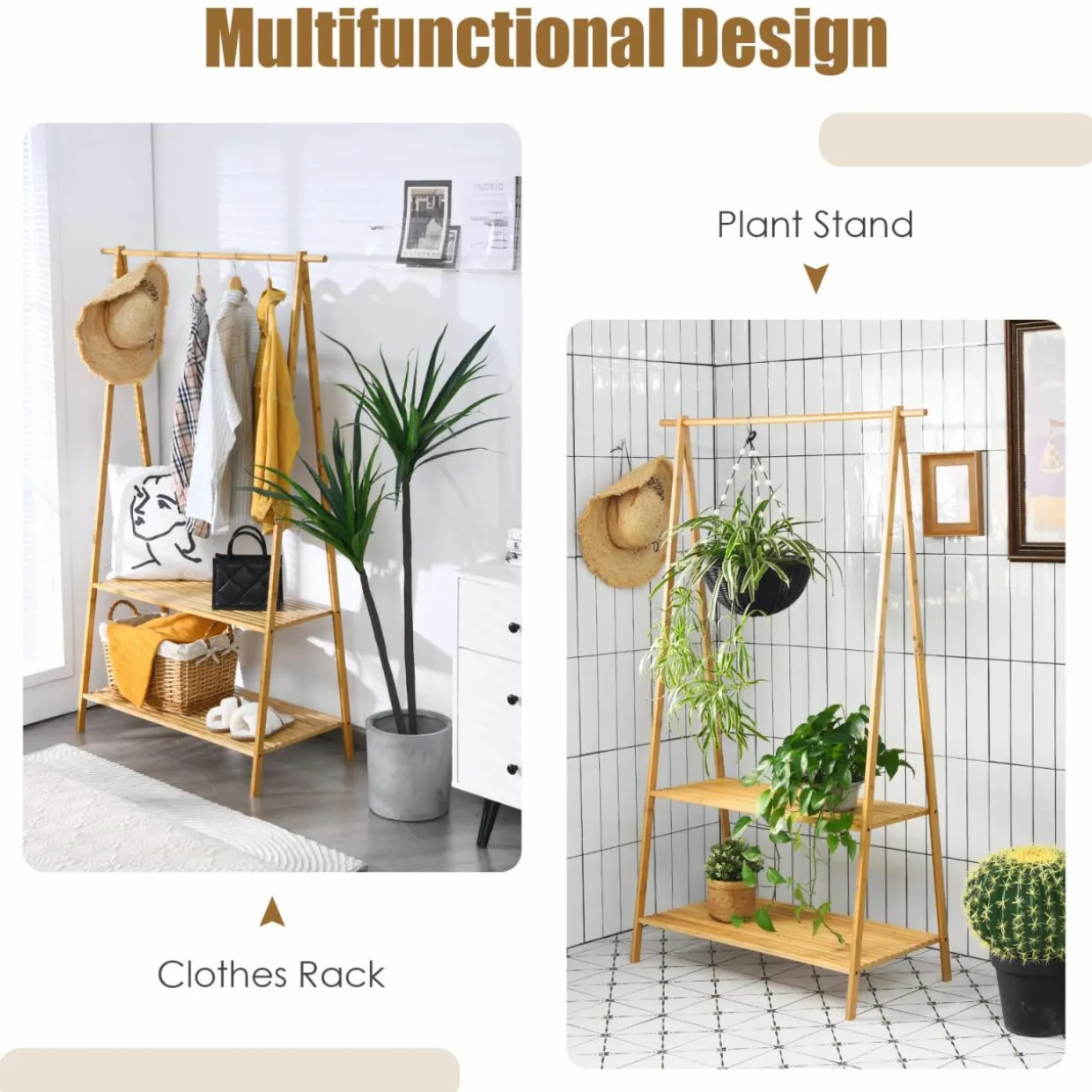 Tangkula Bamboo Garment Rack, Freestanding Clothes Rack with 2-Tier Storage Shelves
