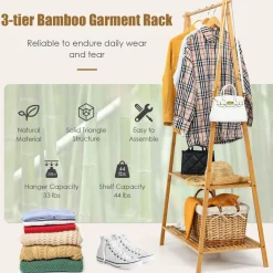Tangkula Bamboo Garment Rack, Freestanding Clothes Rack with 2-Tier Storage Shelves