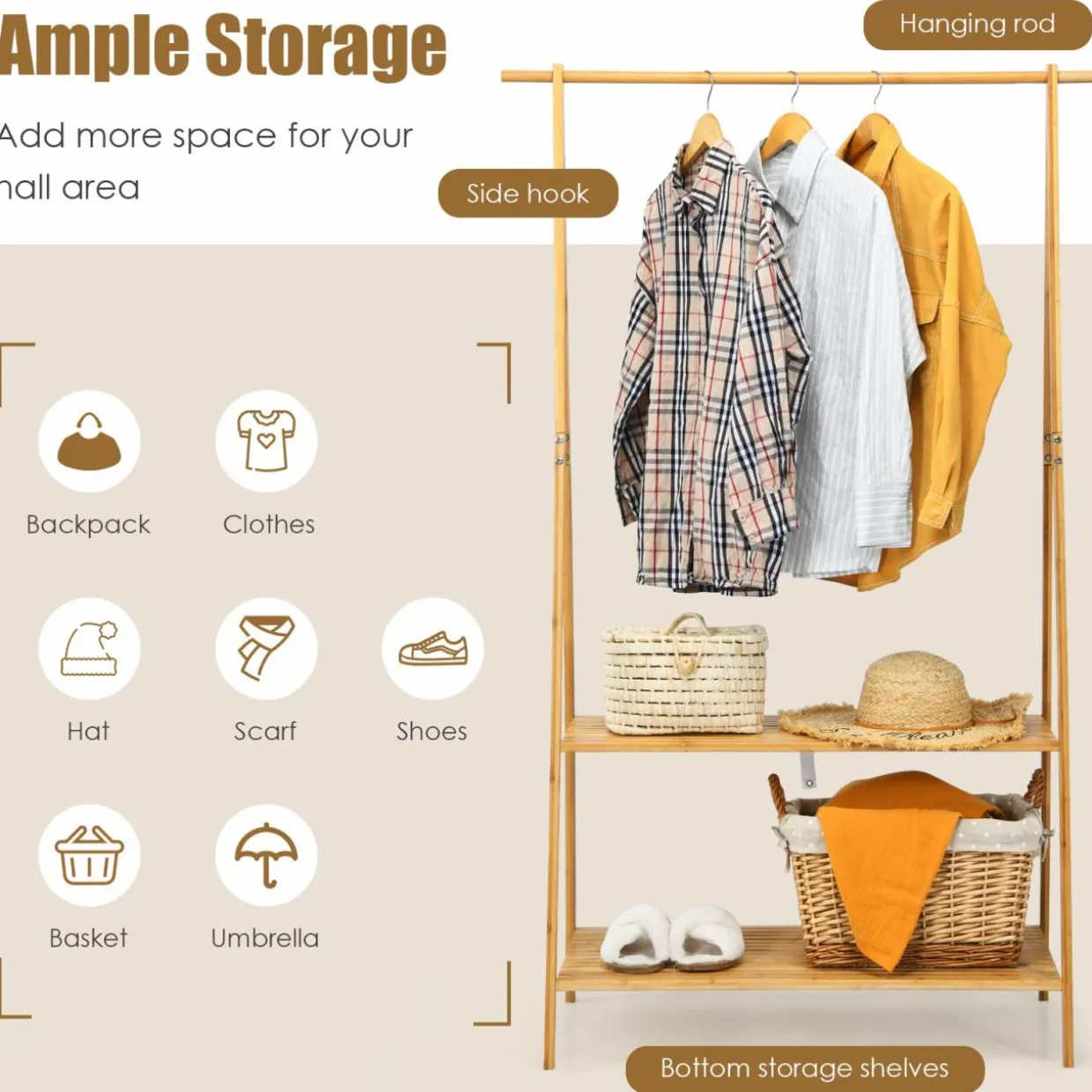 Tangkula Bamboo Garment Rack, Freestanding Clothes Rack with 2-Tier Storage Shelves