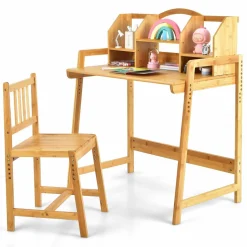 Tangkula Bamboo Kids Desk & Chair Set, Toddler Activity Desk & Chair Set with Bookshelf for Arts, Crafts, Homework