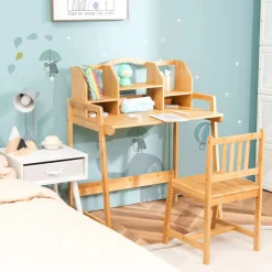 Tangkula Bamboo Kids Desk & Chair Set, Toddler Activity Desk & Chair Set with Bookshelf for Arts, Crafts, Homework