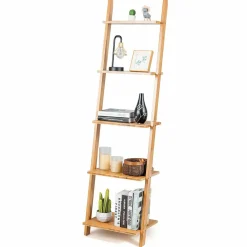 Tangkula Bamboo 5-Tier Ladder Shelf Bookshelf, Wall-Leaning Bookshelf
