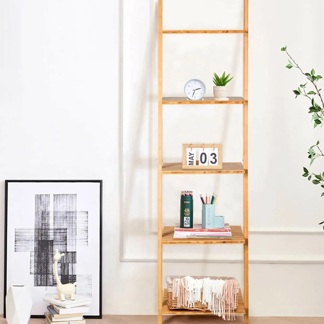 Tangkula Bamboo 5-Tier Ladder Shelf Bookshelf, Wall-Leaning Bookshelf