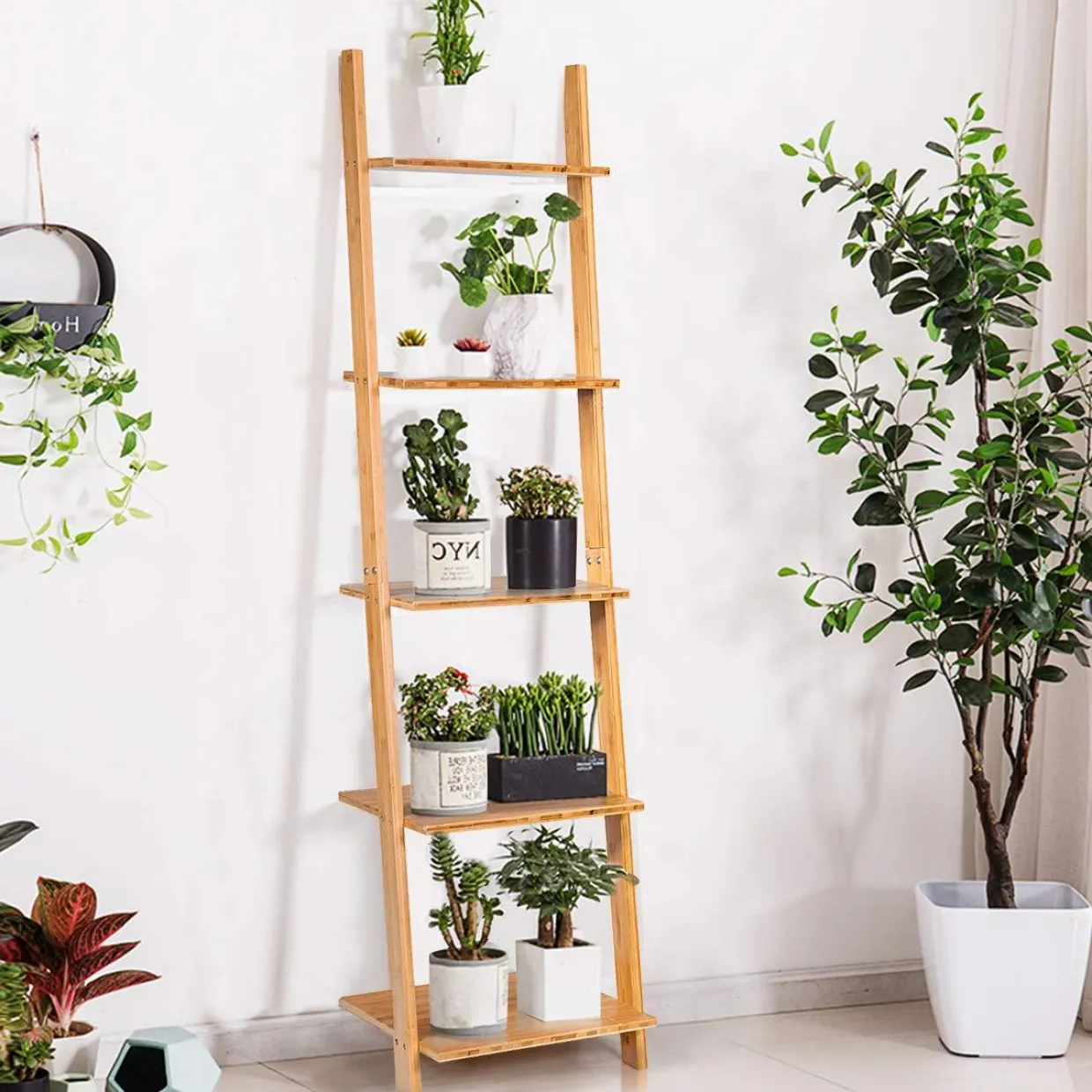 Tangkula Bamboo 5-Tier Ladder Shelf Bookshelf, Wall-Leaning Bookshelf