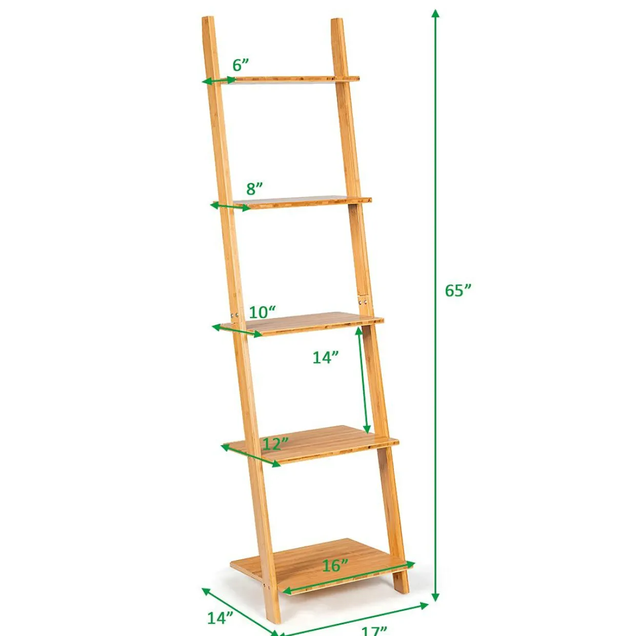 Tangkula Bamboo 5-Tier Ladder Shelf Bookshelf, Wall-Leaning Bookshelf