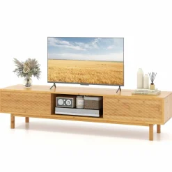 Tangkula Bamboo TV Stand for 65” 70” TVs, 63” Mid Century Modern TV Console Table with Sliding Doors & 3 Storage Compartments