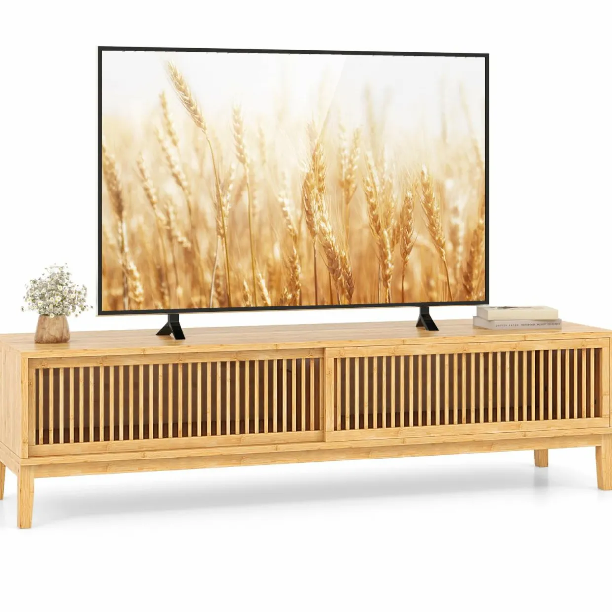 Tangkula Bamboo TV Stand for TVs Up to 65”, Mid Century Modern TV Console Table with Slats Sliding Doors & 2 Storage Shelves