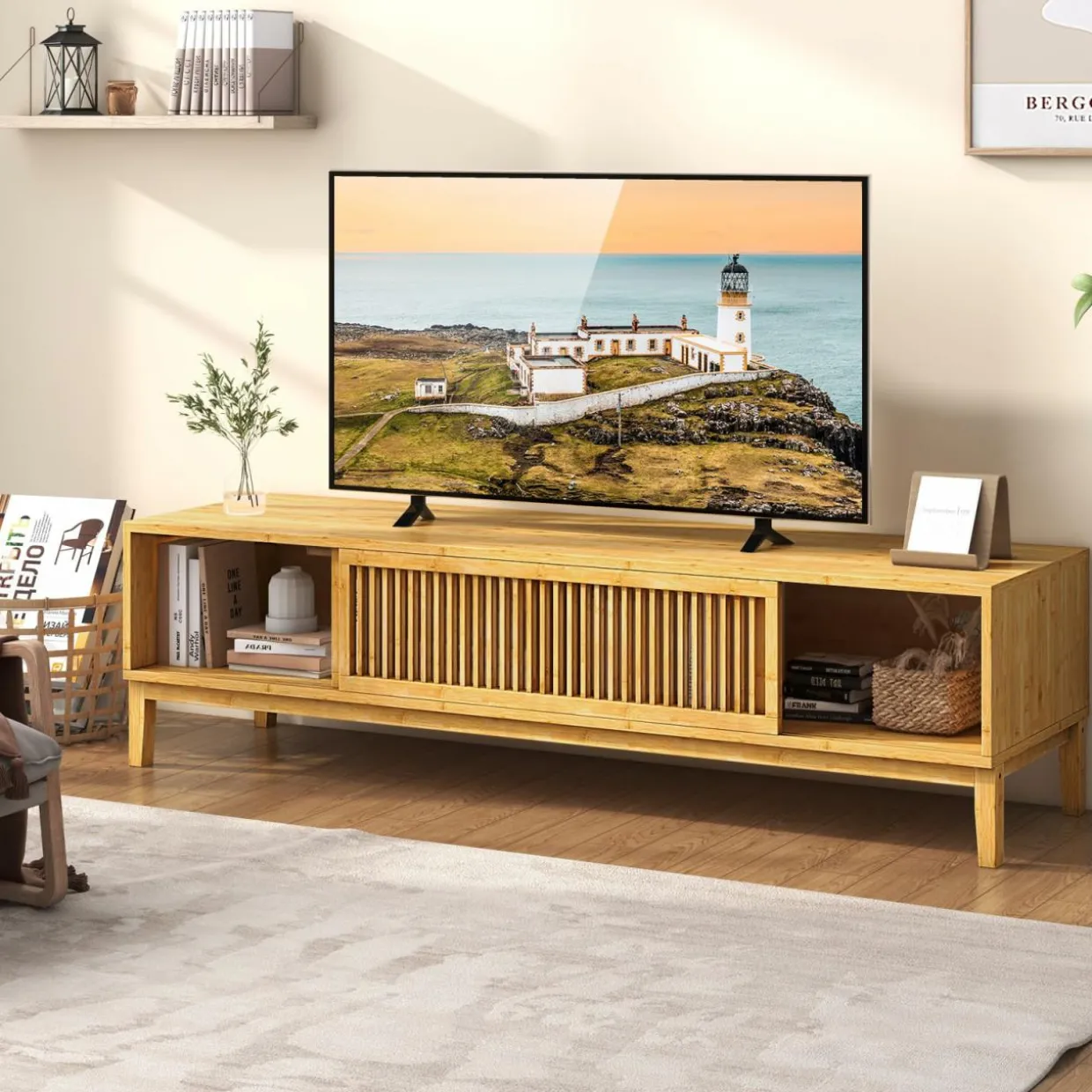 Tangkula Bamboo TV Stand for TVs Up to 65”, Mid Century Modern TV Console Table with Slats Sliding Doors & 2 Storage Shelves
