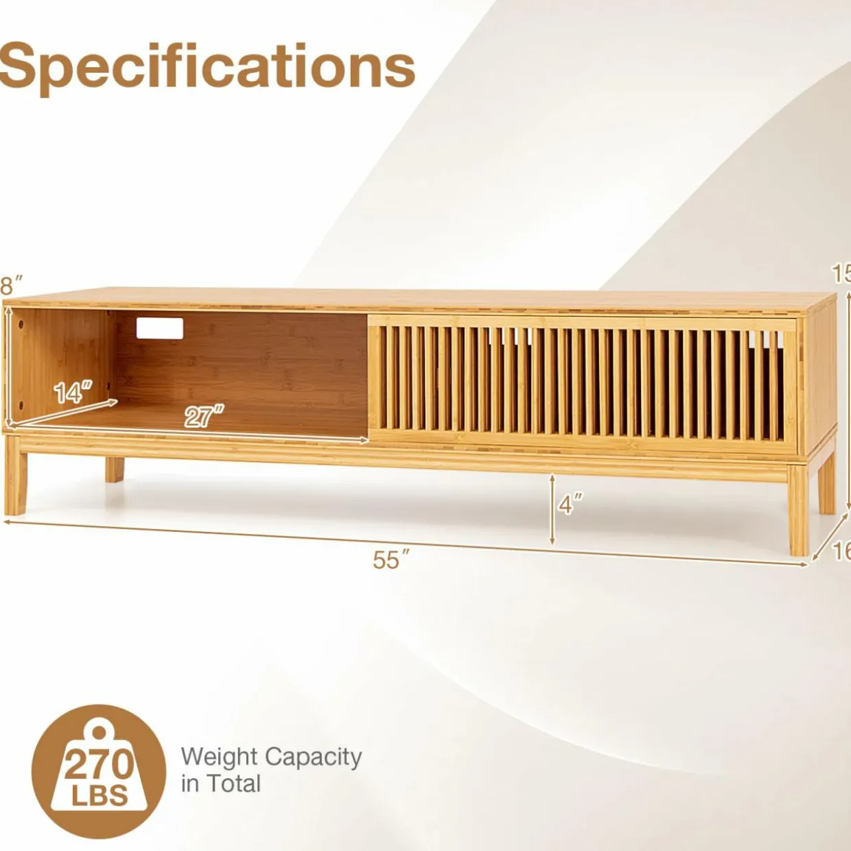 Tangkula Bamboo TV Stand for TVs Up to 65”, Mid Century Modern TV Console Table with Slats Sliding Doors & 2 Storage Shelves