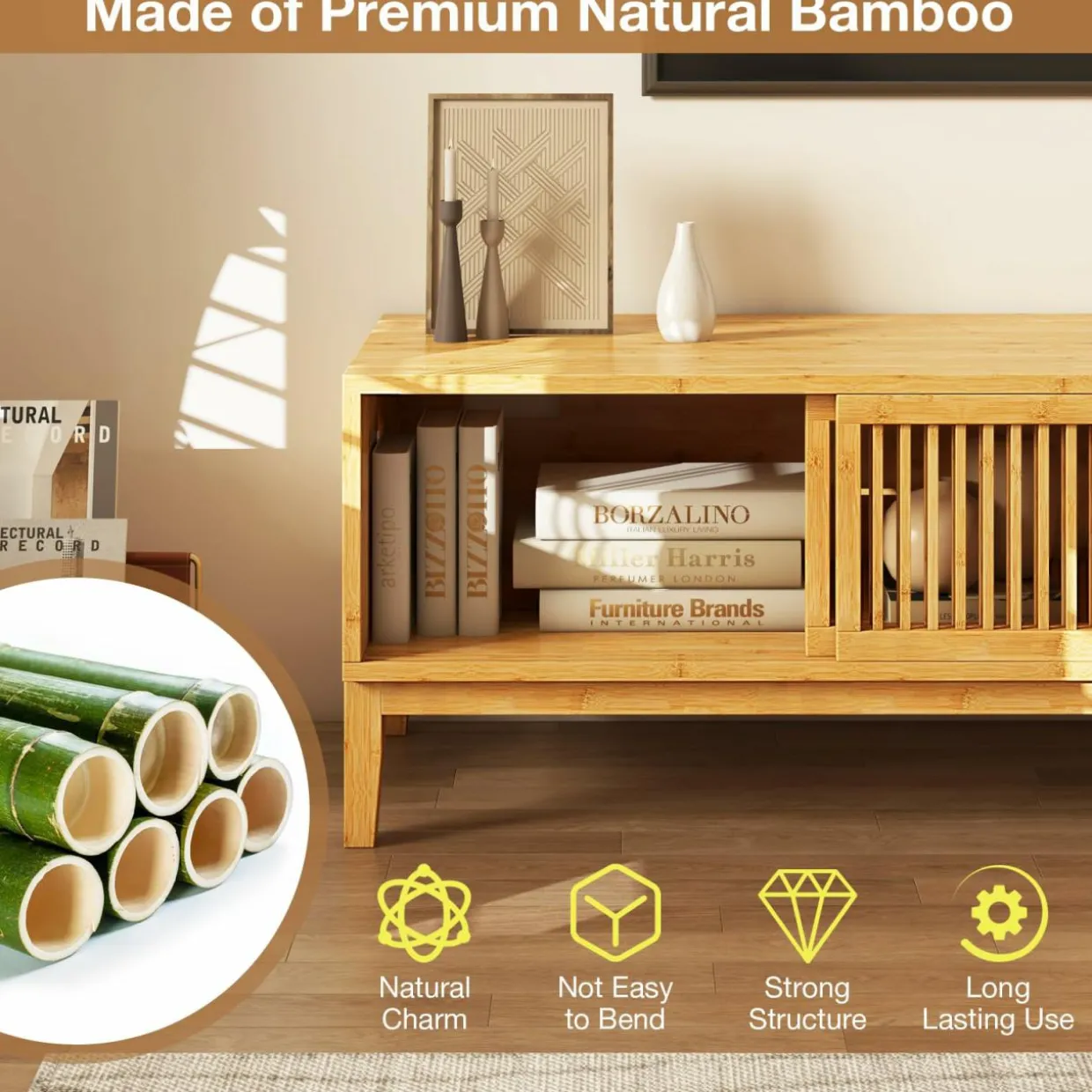 Tangkula Bamboo TV Stand for TVs Up to 65”, Mid Century Modern TV Console Table with Slats Sliding Doors & 2 Storage Shelves