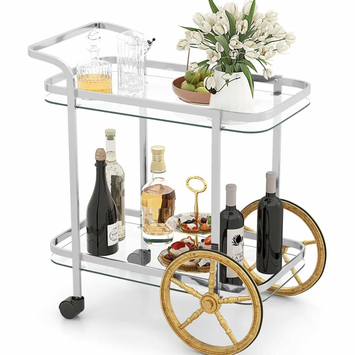 Tangkula Bar Cart for The Home, 2-Tier Rolling Tempered Glass Serving Cart, 2 Large Gold Aluminum Wheels & 2 Casters