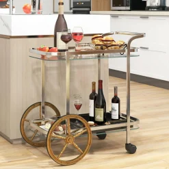 Tangkula Bar Cart for The Home, 2-Tier Rolling Tempered Glass Serving Cart, 2 Large Gold Aluminum Wheels & 2 Casters