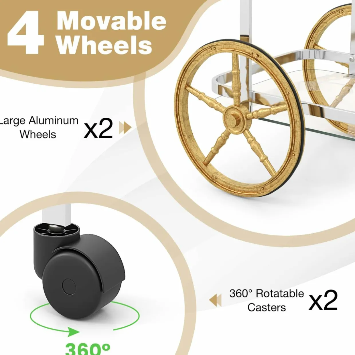Tangkula Bar Cart for The Home, 2-Tier Rolling Tempered Glass Serving Cart, 2 Large Gold Aluminum Wheels & 2 Casters