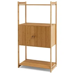 Tangkula Bathroom Cabinet, Bamboo 4 Tier Floor Storage Cabinet with Enclosed Cabinet