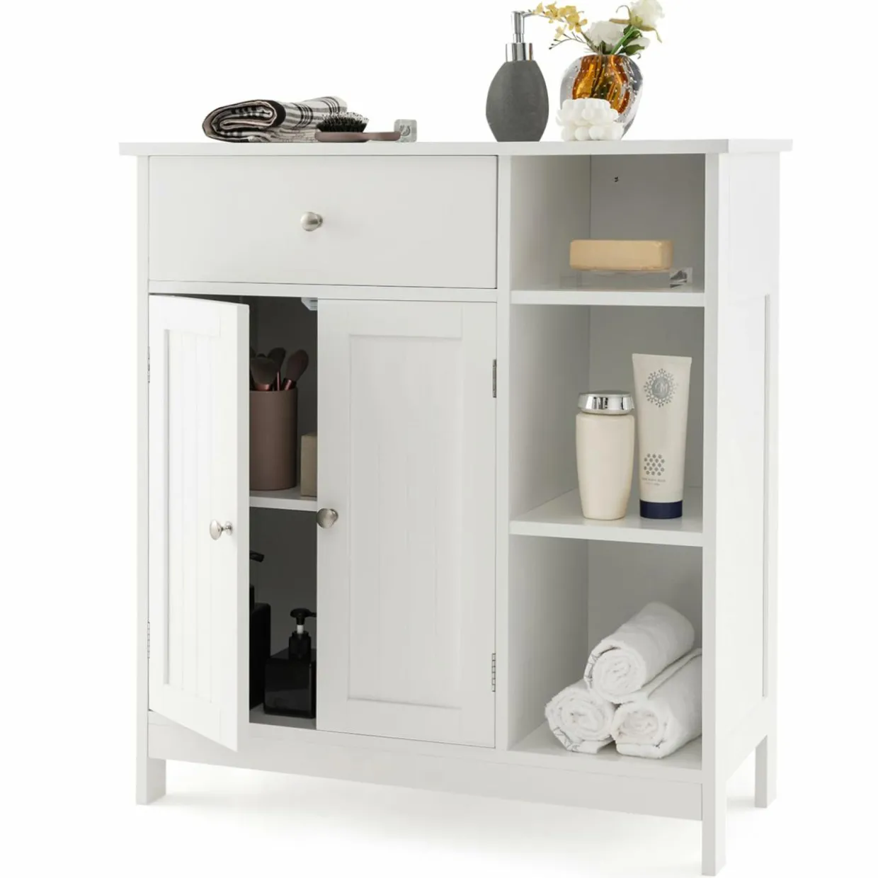Tangkula Bathroom Cabinet, Floor Storage Cabinet with Doors and Shelves