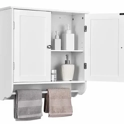 Tangkula Bathroom Cabinet Wall Mounted, Bathroom Medicine Cabinet with Towel Bar & Double Door & Adjustable Shelf
