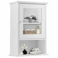 Tangkula Bathroom Cabinet, Wall Mounted Storage Organizer W/Door and Open Shelf, Hanging Medicine Cabinet, White