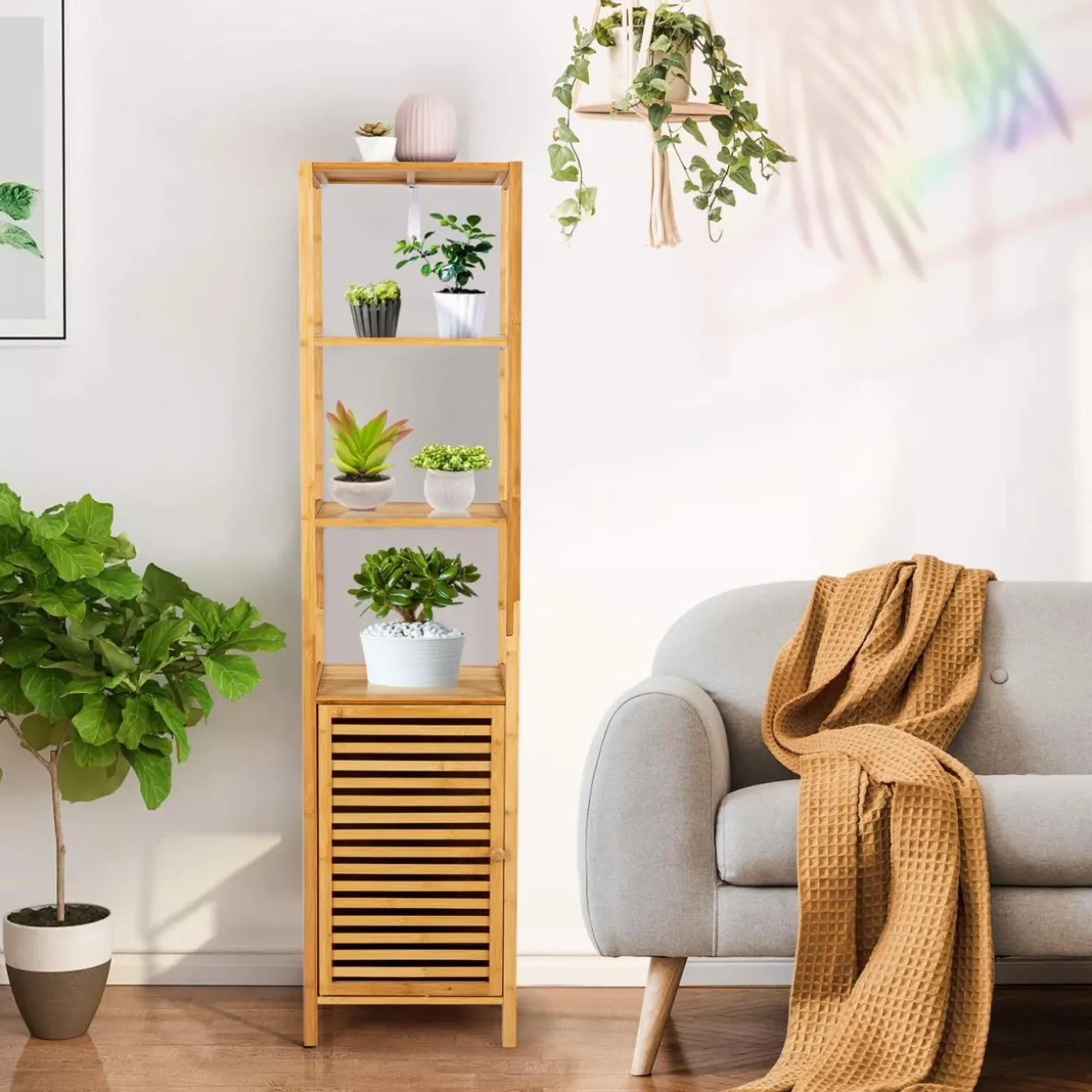 Tangkula Bathroom Cabinet, 65 Inch Tall Slim Bathroom Storage Cabinet with Shutter Door and 3 Open Shelves