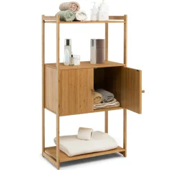 Tangkula Bathroom Cabinet, Bamboo 4 Tier Floor Storage Cabinet with Enclosed Cabinet
