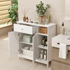 Tangkula Bathroom Cabinet, Floor Storage Cabinet with Doors and Shelves
