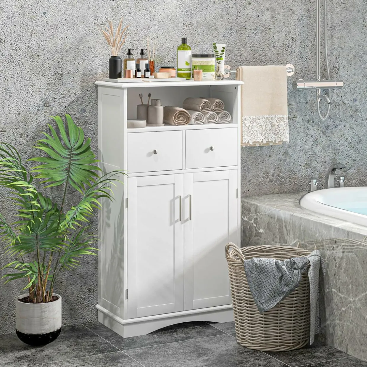 Tangkula Bathroom Cabinet, Freestanding Storage Organizer w/2 Drawers & 2 Doors