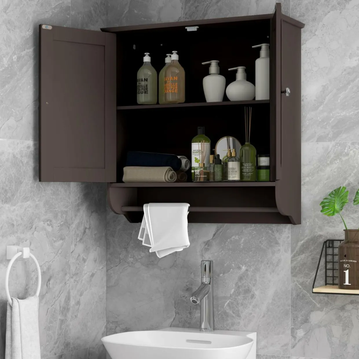 Tangkula Bathroom Cabinet Wall Mounted, Bathroom Medicine Cabinet with Towel Bar & Double Door & Adjustable Shelf