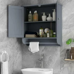 Tangkula Bathroom Cabinet Wall Mounted, Bathroom Medicine Cabinet with Towel Bar & Double Door & Adjustable Shelf