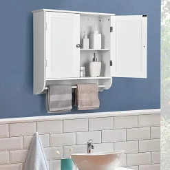 Tangkula Bathroom Cabinet Wall Mounted, Bathroom Medicine Cabinet with Towel Bar & Double Door & Adjustable Shelf