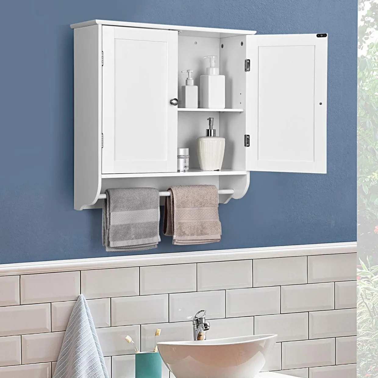 Tangkula Bathroom Cabinet Wall Mounted, Bathroom Medicine Cabinet with Towel Bar & Double Door & Adjustable Shelf