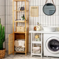 Tangkula Bathroom Cabinet, 65 Inch Tall Slim Bathroom Storage Cabinet with Shutter Door and 3 Open Shelves