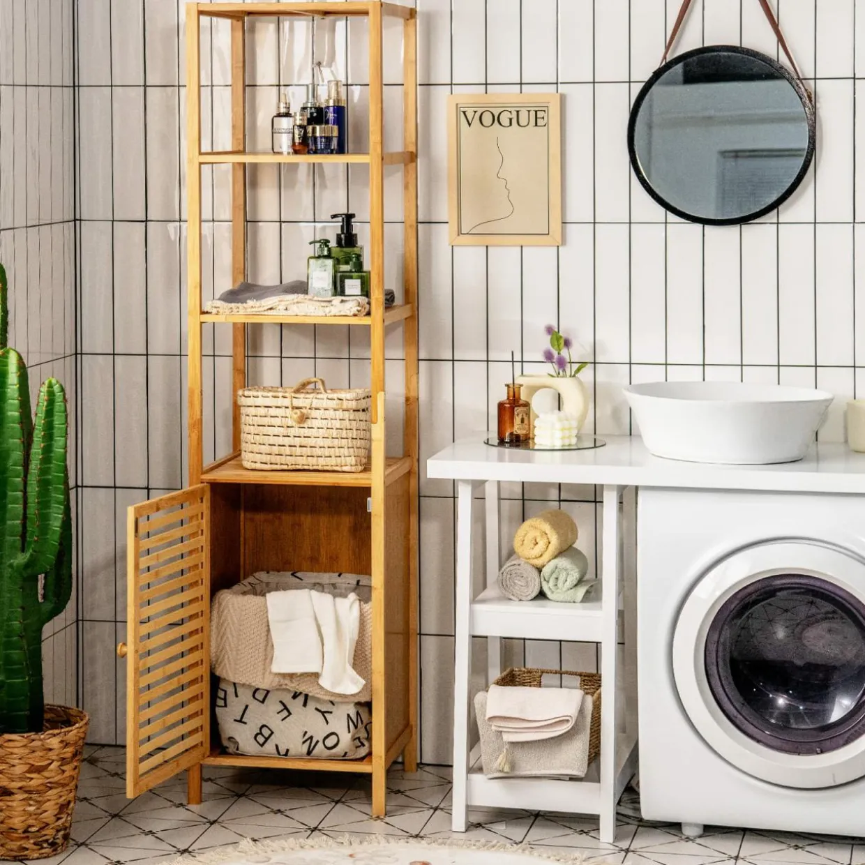 Tangkula Bathroom Cabinet, 65 Inch Tall Slim Bathroom Storage Cabinet with Shutter Door and 3 Open Shelves