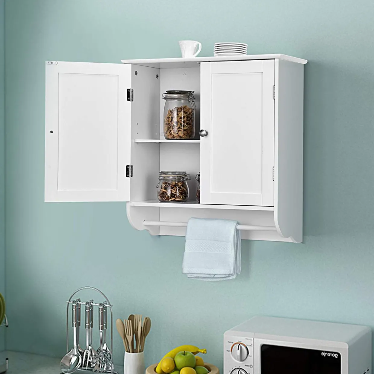 Tangkula Bathroom Cabinet Wall Mounted, Bathroom Medicine Cabinet with Towel Bar & Double Door & Adjustable Shelf