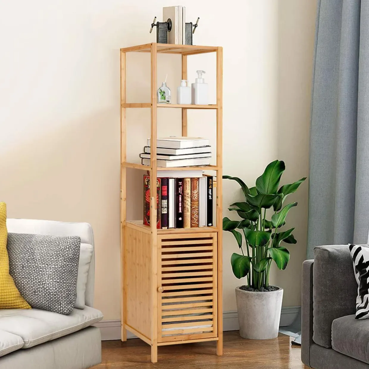 Tangkula Bathroom Cabinet, 65 Inch Tall Slim Bathroom Storage Cabinet with Shutter Door and 3 Open Shelves