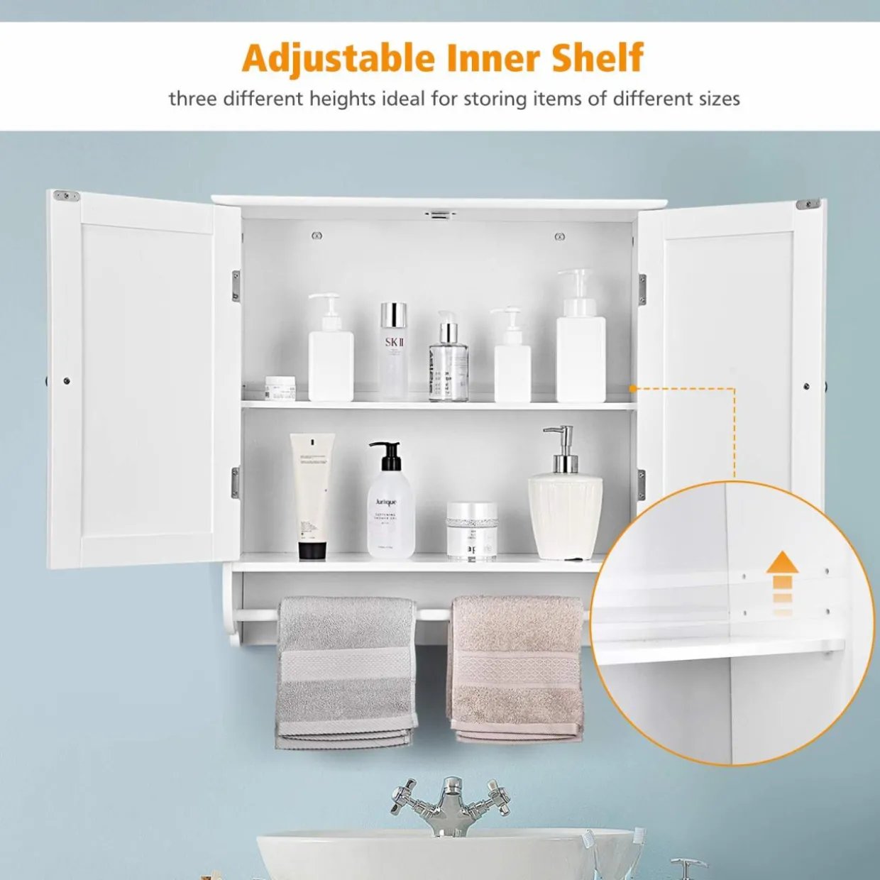Tangkula Bathroom Cabinet Wall Mounted, Bathroom Medicine Cabinet with Towel Bar & Double Door & Adjustable Shelf