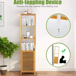 Tangkula Bathroom Cabinet, 65 Inch Tall Slim Bathroom Storage Cabinet with Shutter Door and 3 Open Shelves