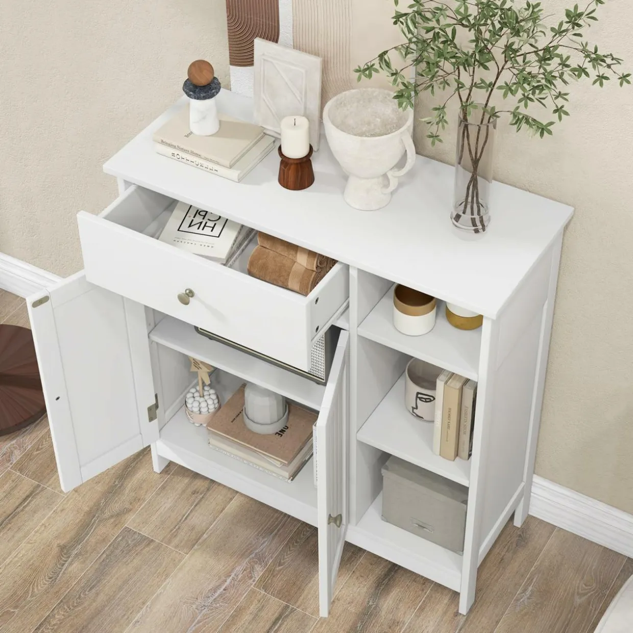 Tangkula Bathroom Cabinet, Floor Storage Cabinet with Doors and Shelves