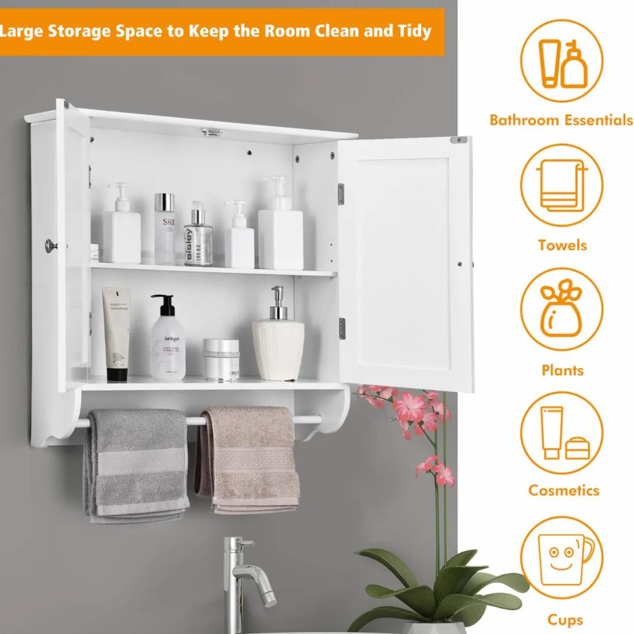 Tangkula Bathroom Cabinet Wall Mounted, Bathroom Medicine Cabinet with Towel Bar & Double Door & Adjustable Shelf