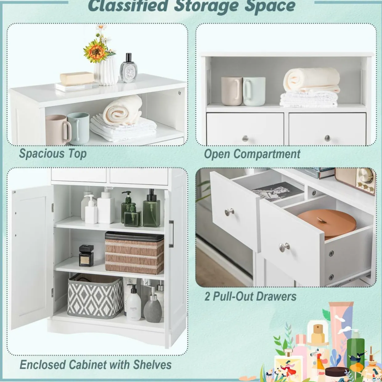 Tangkula Bathroom Cabinet, Freestanding Storage Organizer w/2 Drawers & 2 Doors