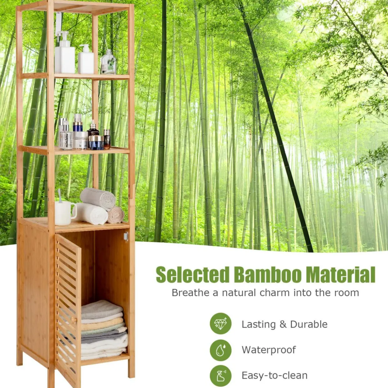 Tangkula Bathroom Cabinet, 65 Inch Tall Slim Bathroom Storage Cabinet with Shutter Door and 3 Open Shelves