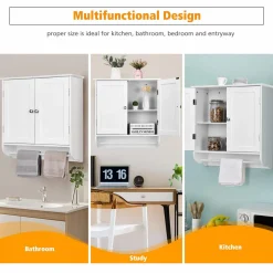 Tangkula Bathroom Cabinet Wall Mounted, Bathroom Medicine Cabinet with Towel Bar & Double Door & Adjustable Shelf