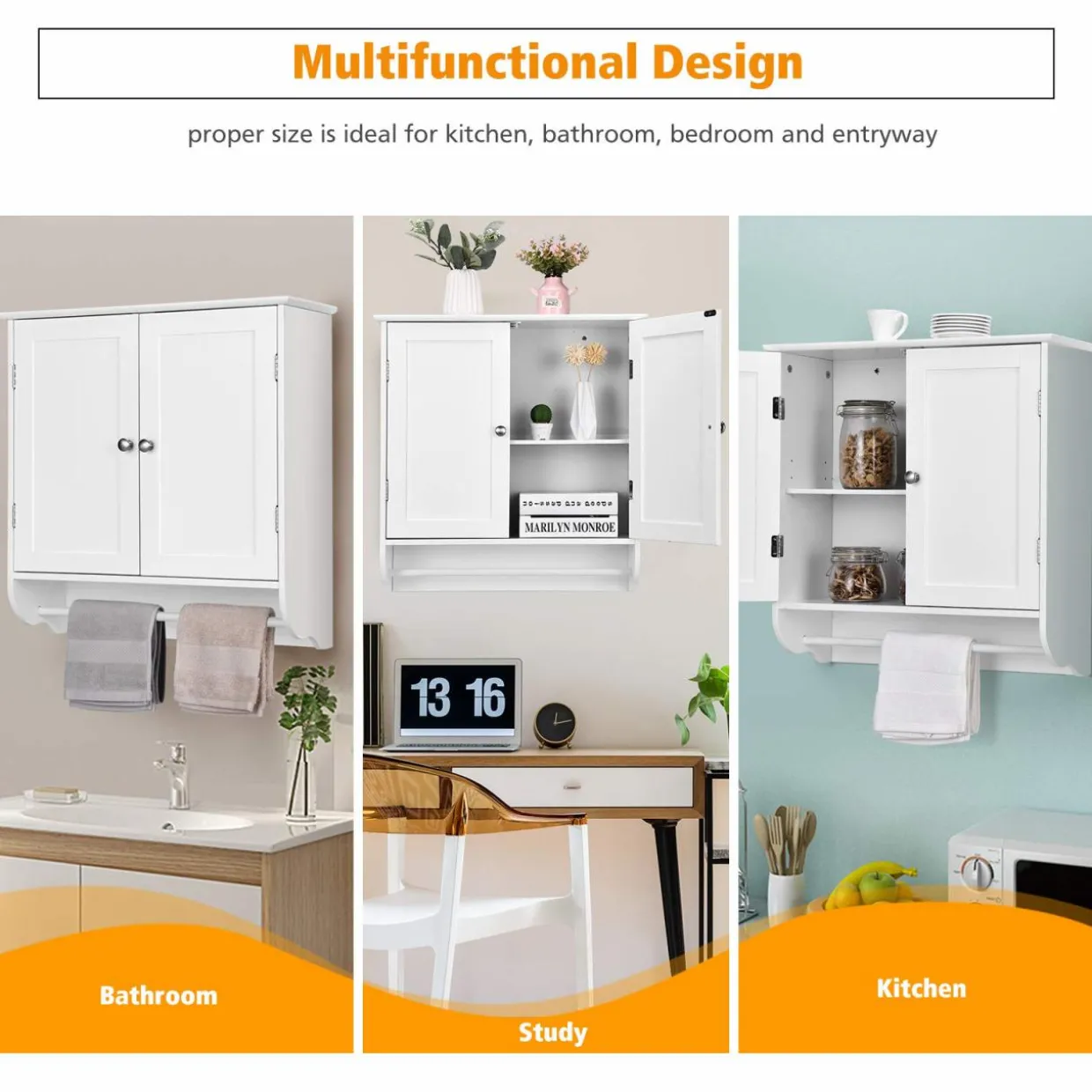Tangkula Bathroom Cabinet Wall Mounted, Bathroom Medicine Cabinet with Towel Bar & Double Door & Adjustable Shelf