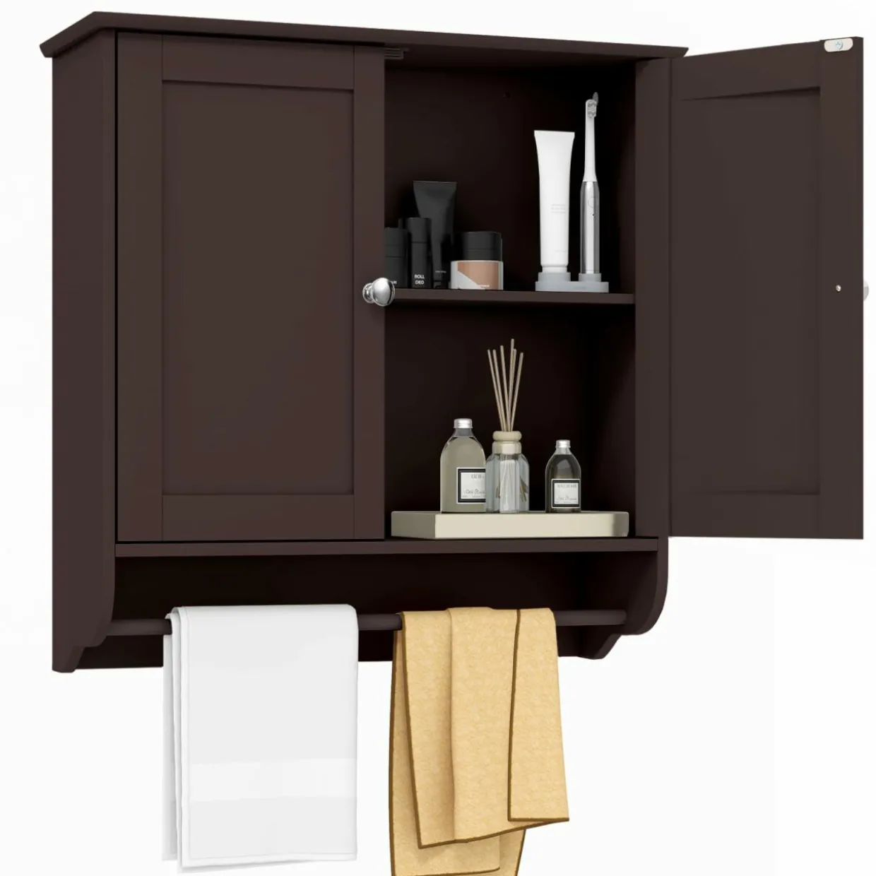 Tangkula Bathroom Cabinet Wall Mounted, Bathroom Medicine Cabinet with Towel Bar & Double Door & Adjustable Shelf